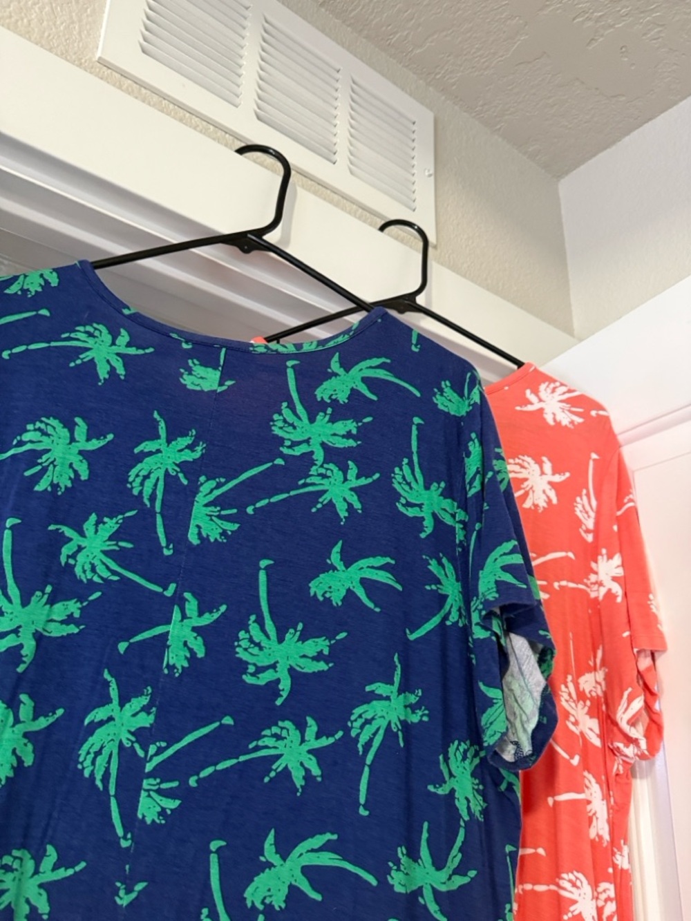 Quaker Factory, Coral & white palm tree print dress. Navy and green palm prints
